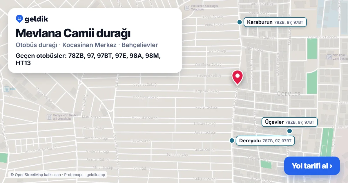 Mevlana Camii otobüs durağı haritada: konumu ve yakındaki duraklar