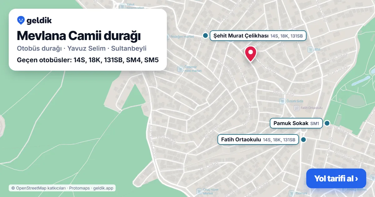 Mevlana Camii otobüs durağı haritada: konumu ve yakındaki duraklar