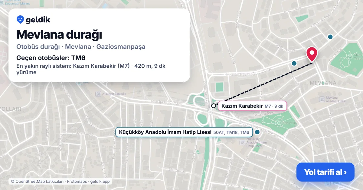 Mevlana otobüs durağı haritada: konumu ve yakındaki duraklar