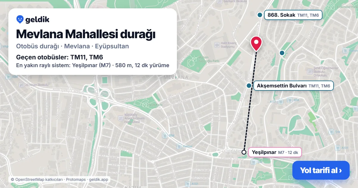 Mevlana Mahallesi otobüs durağı haritada: konumu ve yakındaki duraklar