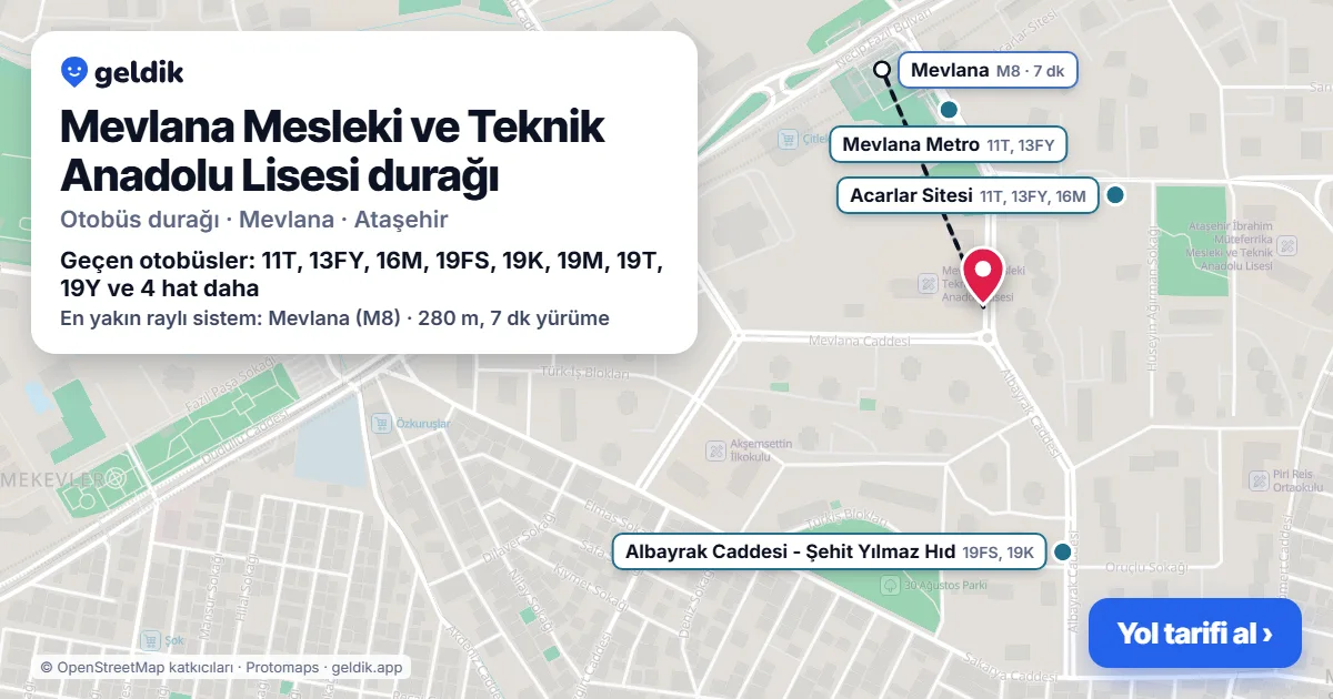Mevlana Mesleki ve Teknik Anadolu Lisesi otobüs durağı haritada: konumu ve yakındaki duraklar