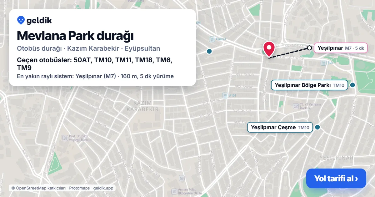 Mevlana Park otobüs durağı haritada: konumu ve yakındaki duraklar