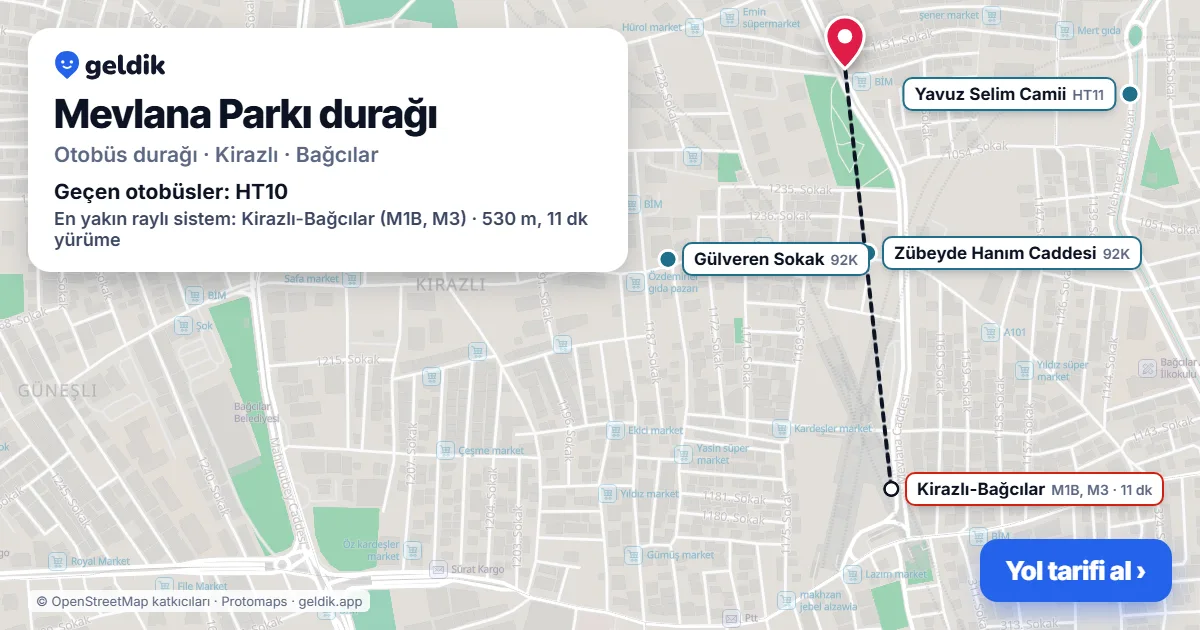 Mevlana Parkı otobüs durağı haritada: konumu ve yakındaki duraklar
