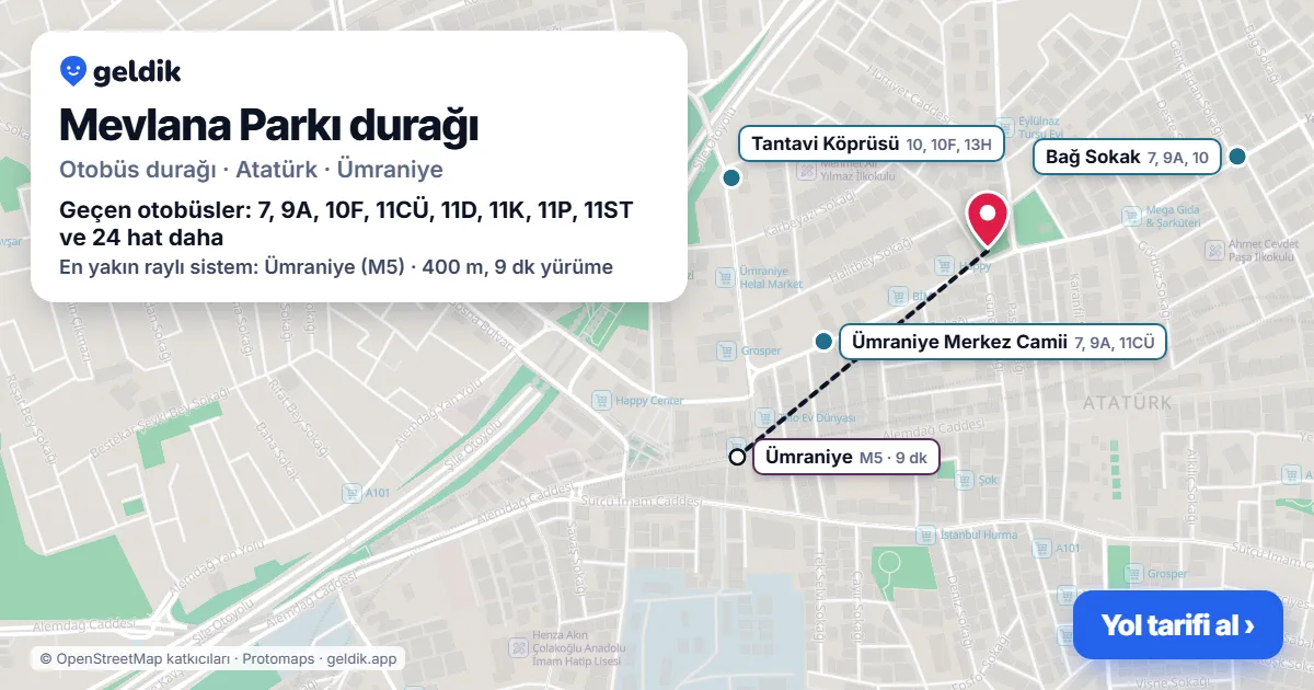 Mevlana Parkı otobüs durağı haritada: konumu ve yakındaki duraklar