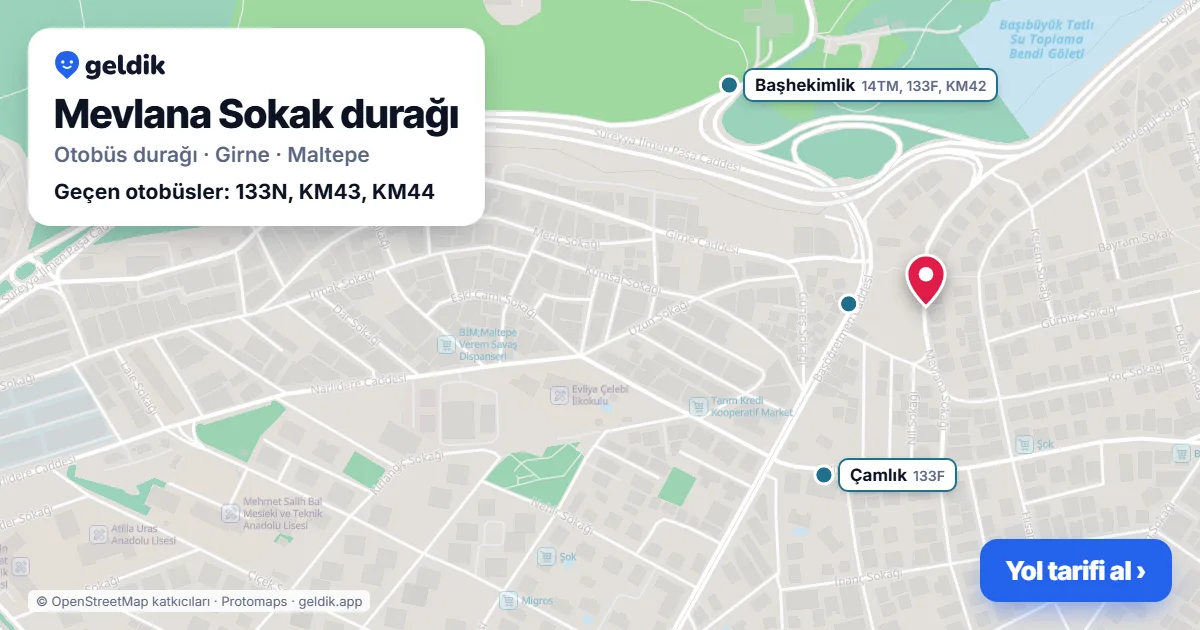 Mevlana Sokak otobüs durağı haritada: konumu ve yakındaki duraklar