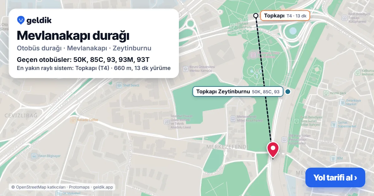 Mevlanakapı otobüs durağı haritada: konumu ve yakındaki duraklar