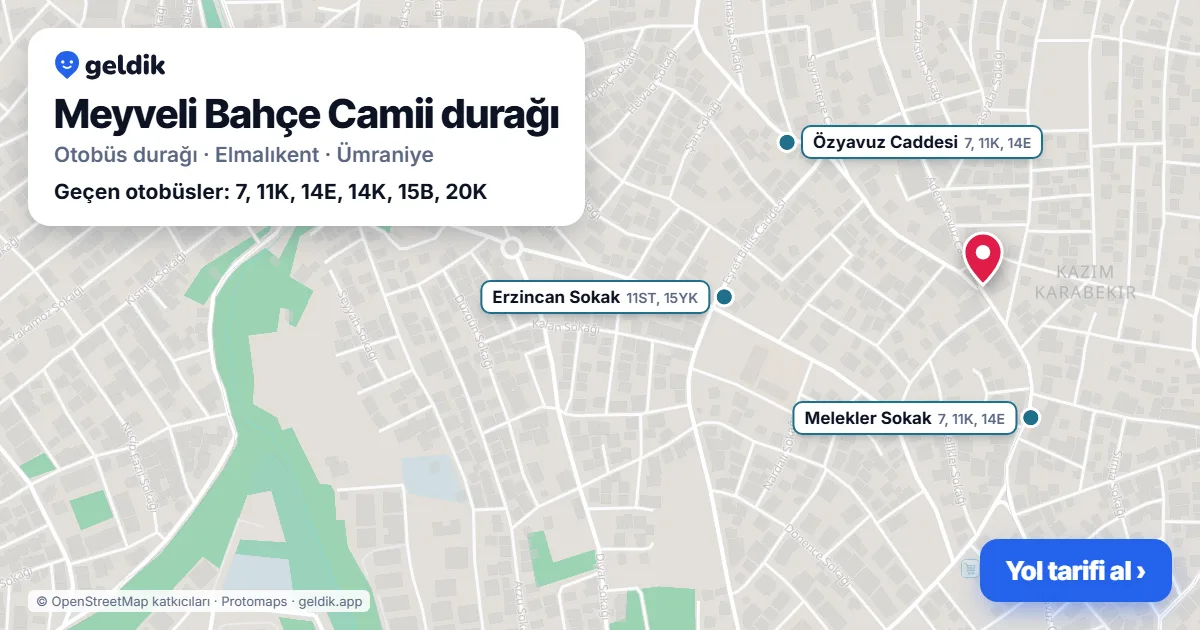 Meyveli Bahçe Camii otobüs durağı haritada: konumu ve yakındaki duraklar