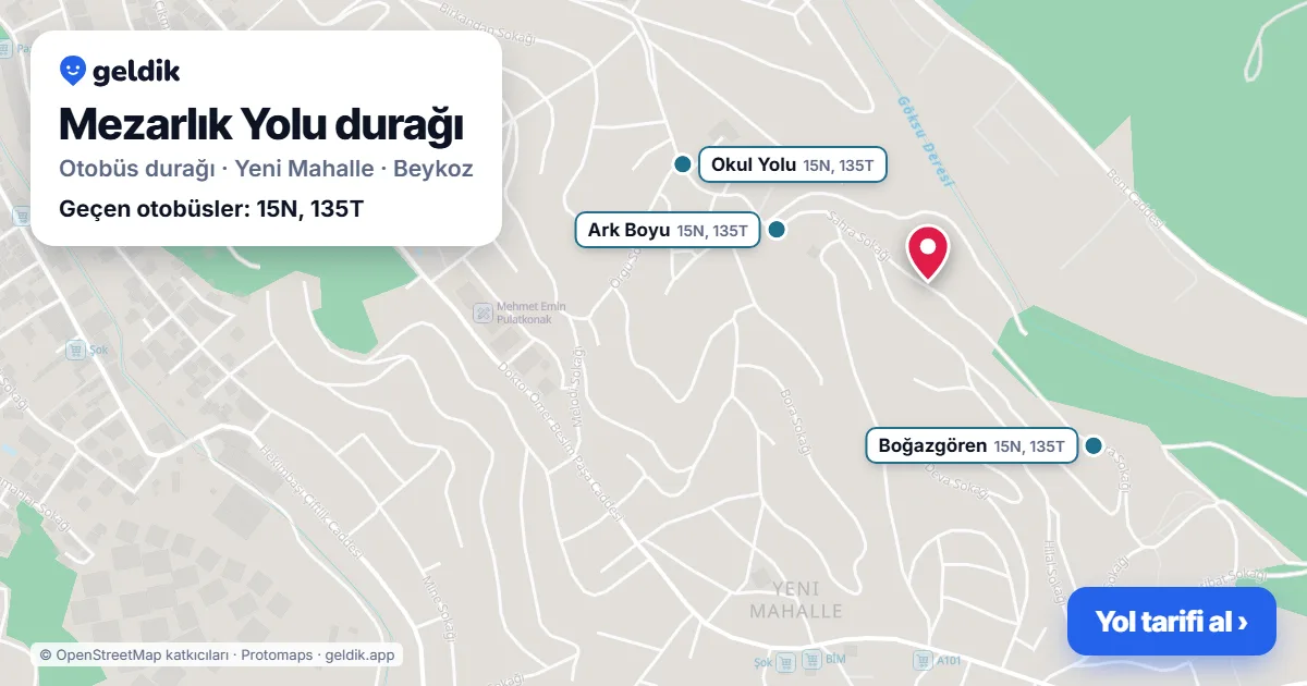 Mezarlık Yolu otobüs durağı haritada: konumu ve yakındaki duraklar