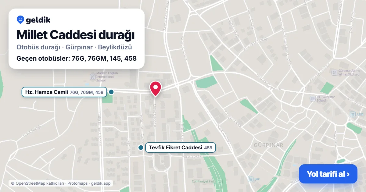Millet Caddesi otobüs durağı haritada: konumu ve yakındaki duraklar
