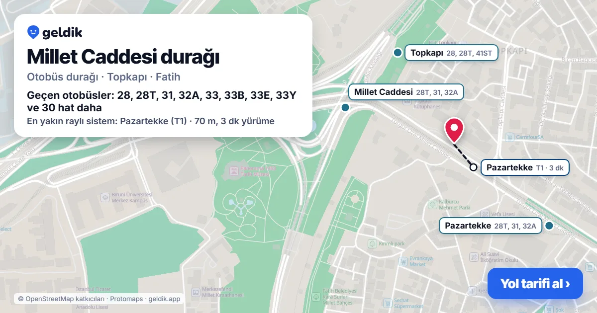 Millet Caddesi otobüs durağı haritada: konumu ve yakındaki duraklar