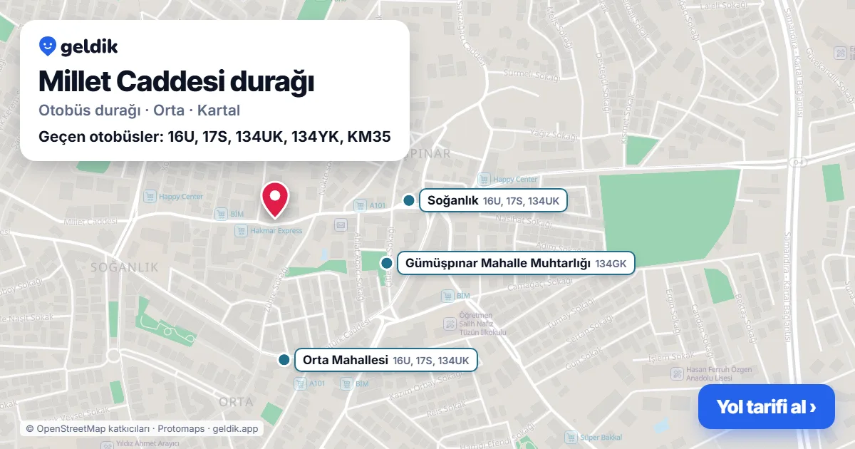 Millet Caddesi otobüs durağı haritada: konumu ve yakındaki duraklar