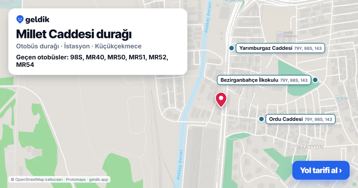 Millet Caddesi otobüs durağı haritada: konumu ve yakındaki duraklar