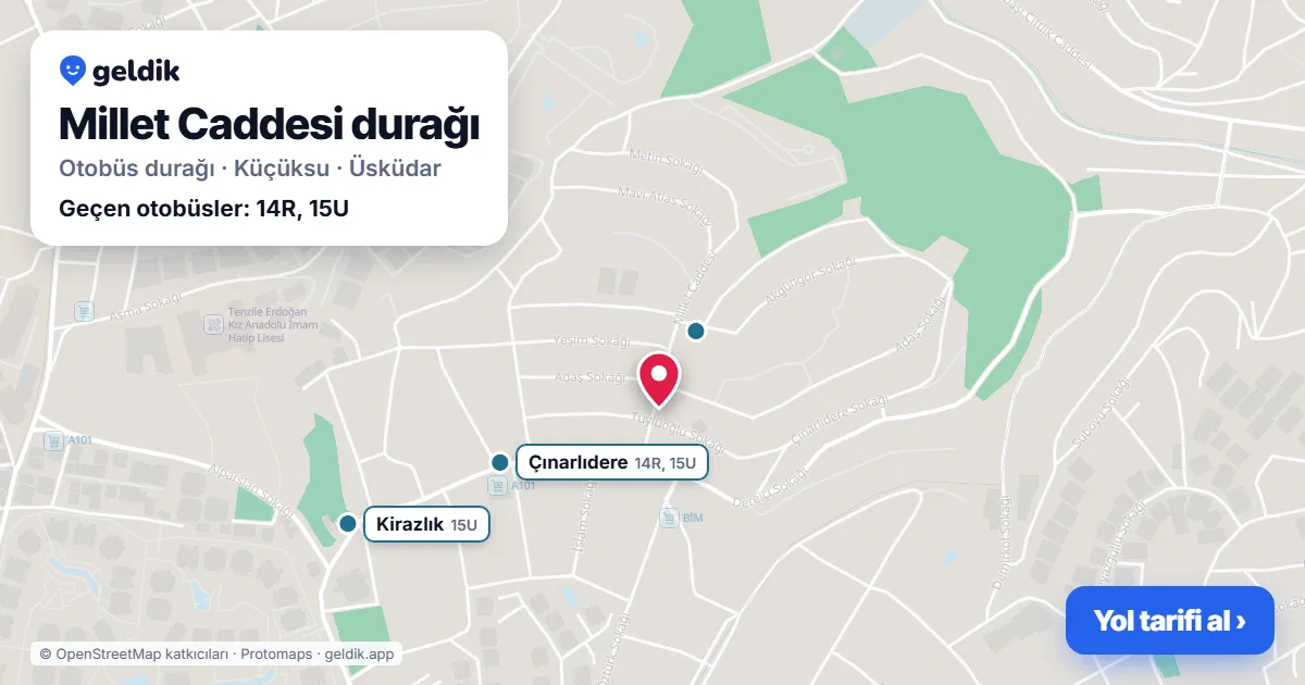 Millet Caddesi otobüs durağı haritada: konumu ve yakındaki duraklar