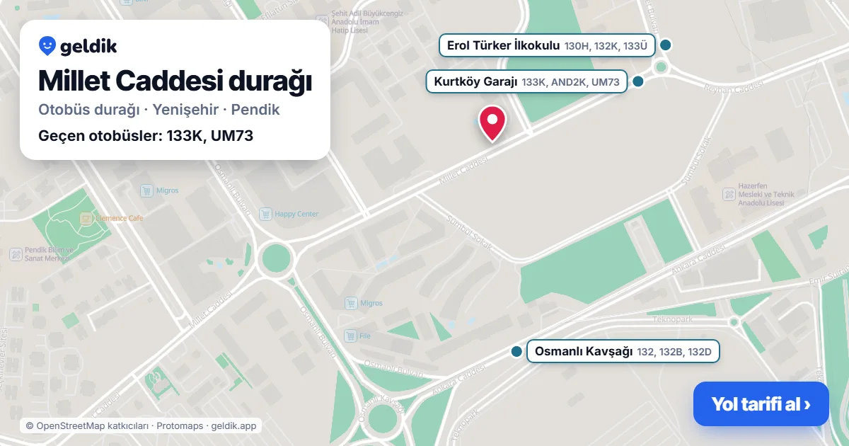 Millet Caddesi otobüs durağı haritada: konumu ve yakındaki duraklar