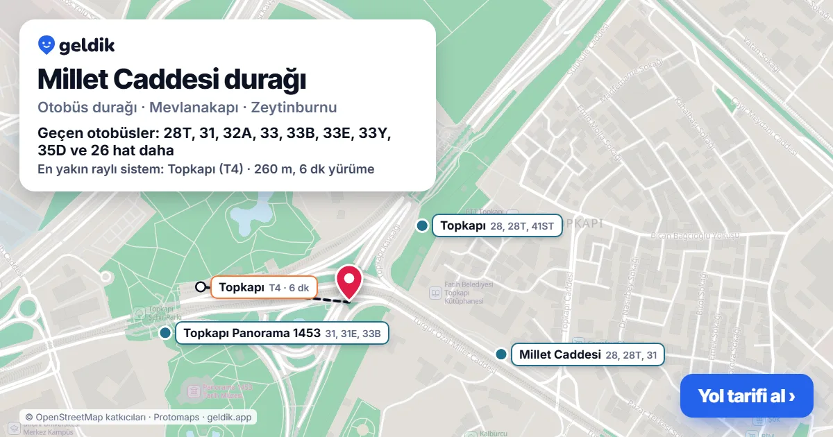 Millet Caddesi otobüs durağı haritada: konumu ve yakındaki duraklar