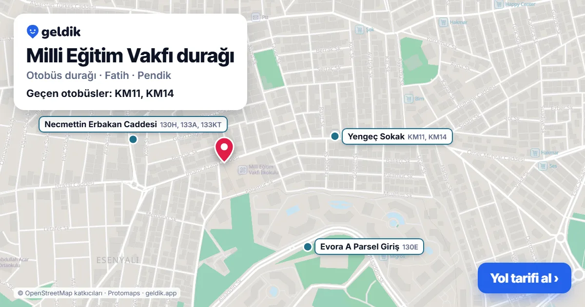 Milli Eğitim Vakfı otobüs durağı haritada: konumu ve yakındaki duraklar