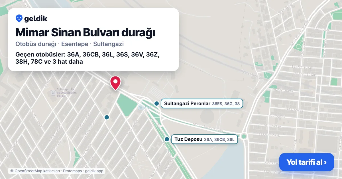 Mimar Sinan Bulvarı otobüs durağı haritada: konumu ve yakındaki duraklar