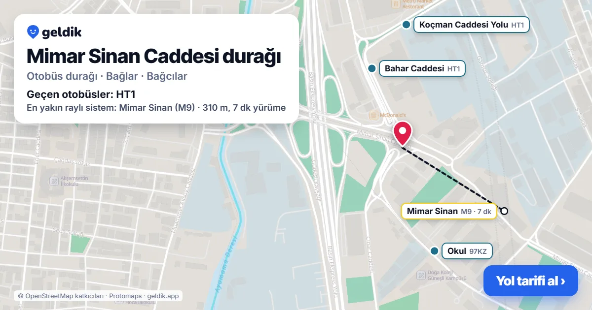Mimar Sinan Caddesi otobüs durağı haritada: konumu ve yakındaki duraklar