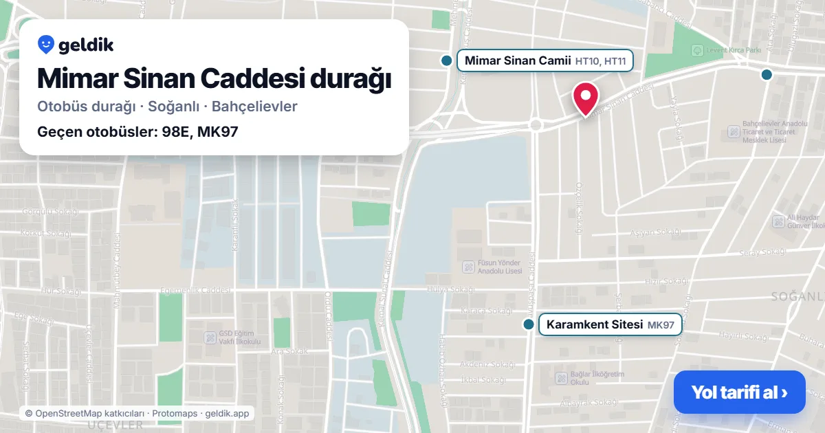 Mimar Sinan Caddesi otobüs durağı haritada: konumu ve yakındaki duraklar