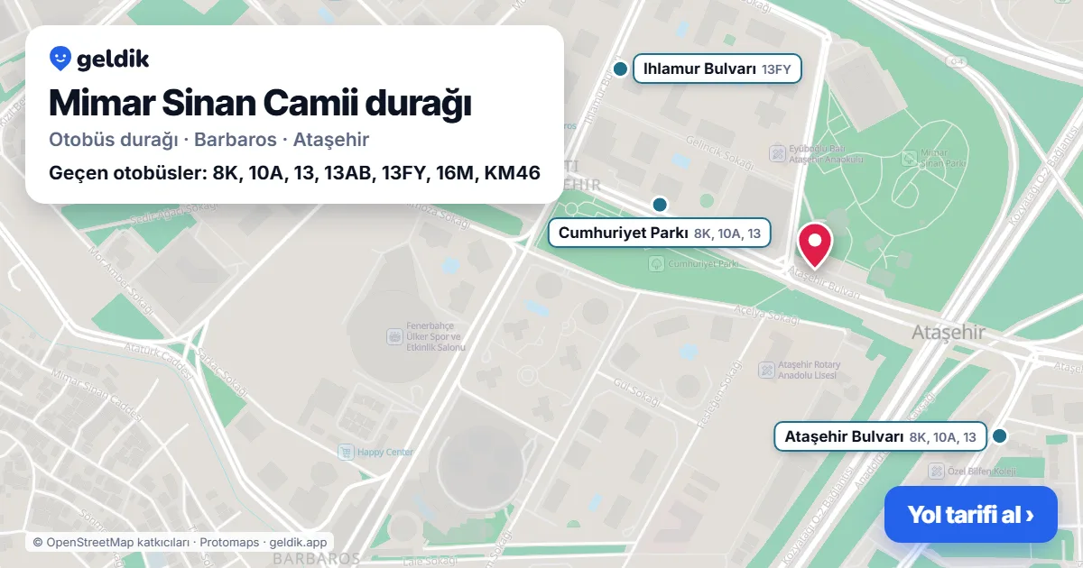 Mimar Sinan Camii otobüs durağı haritada: konumu ve yakındaki duraklar