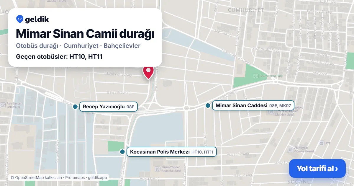 Mimar Sinan Camii otobüs durağı haritada: konumu ve yakındaki duraklar