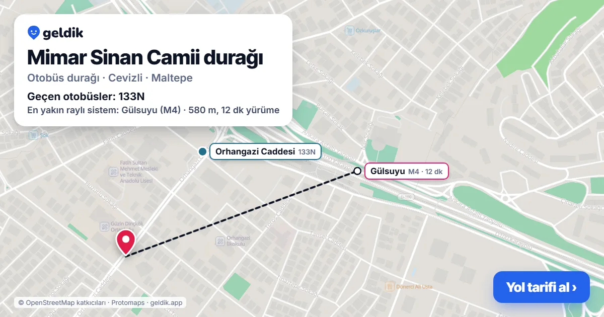 Mimar Sinan Camii otobüs durağı haritada: konumu ve yakındaki duraklar