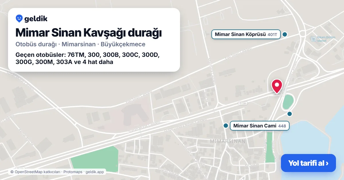 Mimar Sinan Kavşağı otobüs durağı haritada: konumu ve yakındaki duraklar