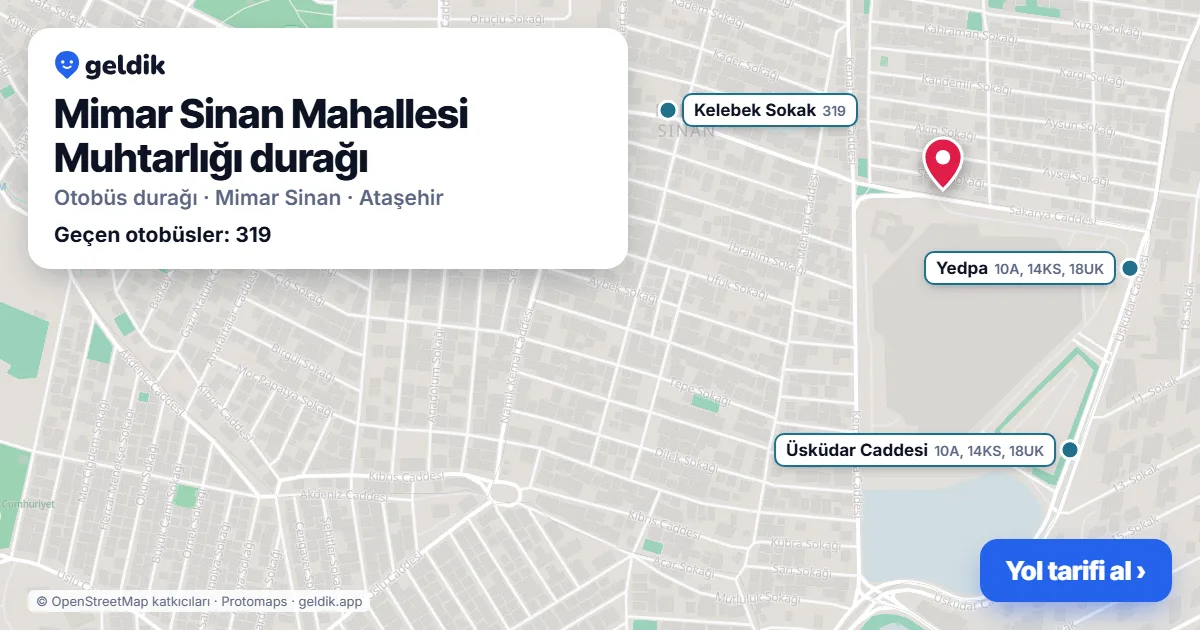 Mimar Sinan Mahallesi Muhtarlığı otobüs durağı haritada: konumu ve yakındaki duraklar