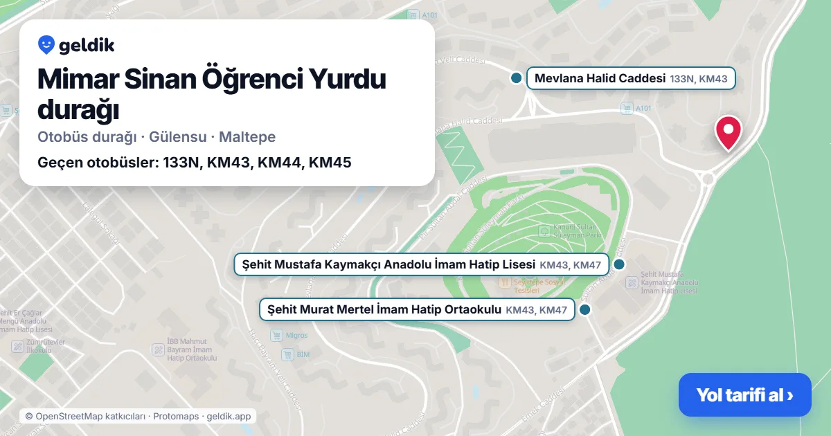 Mimar Sinan Öğrenci Yurdu otobüs durağı haritada: konumu ve yakındaki duraklar