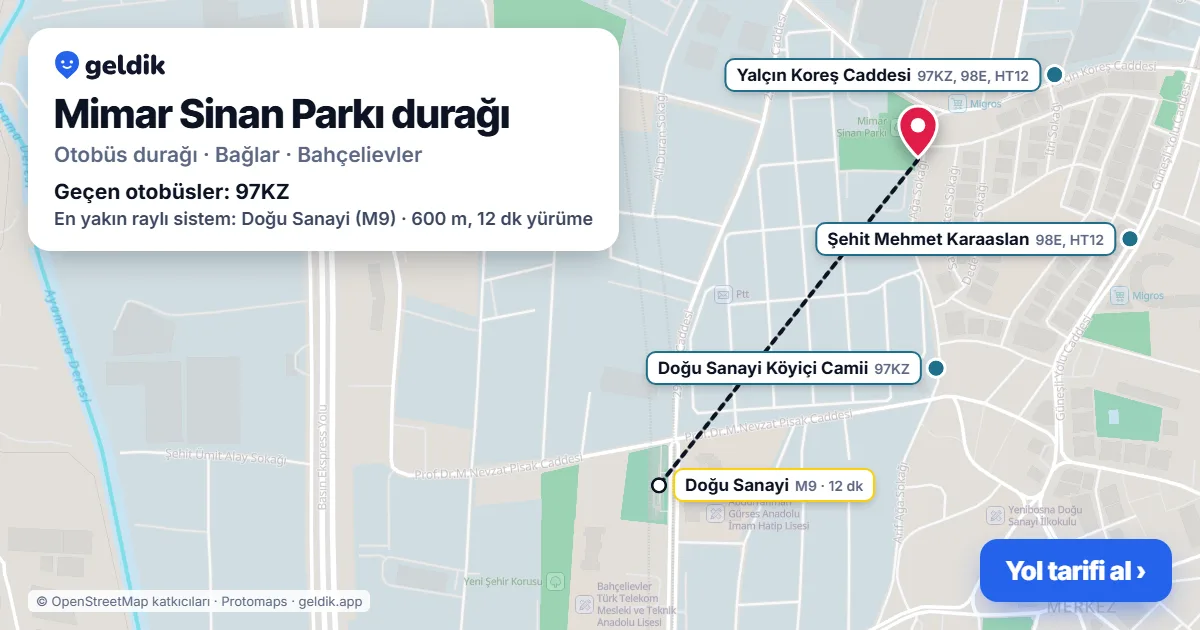 Mimar Sinan Parkı otobüs durağı haritada: konumu ve yakındaki duraklar