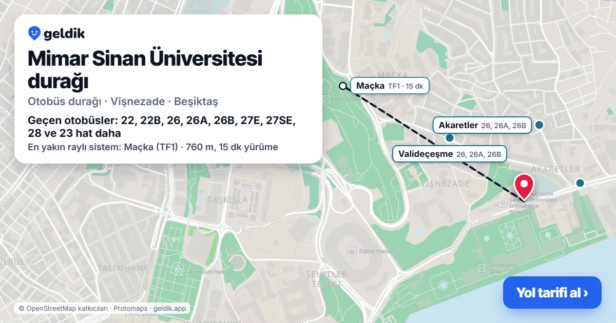 Mimar Sinan Üniversitesi otobüs durağı haritada: konumu ve yakındaki duraklar