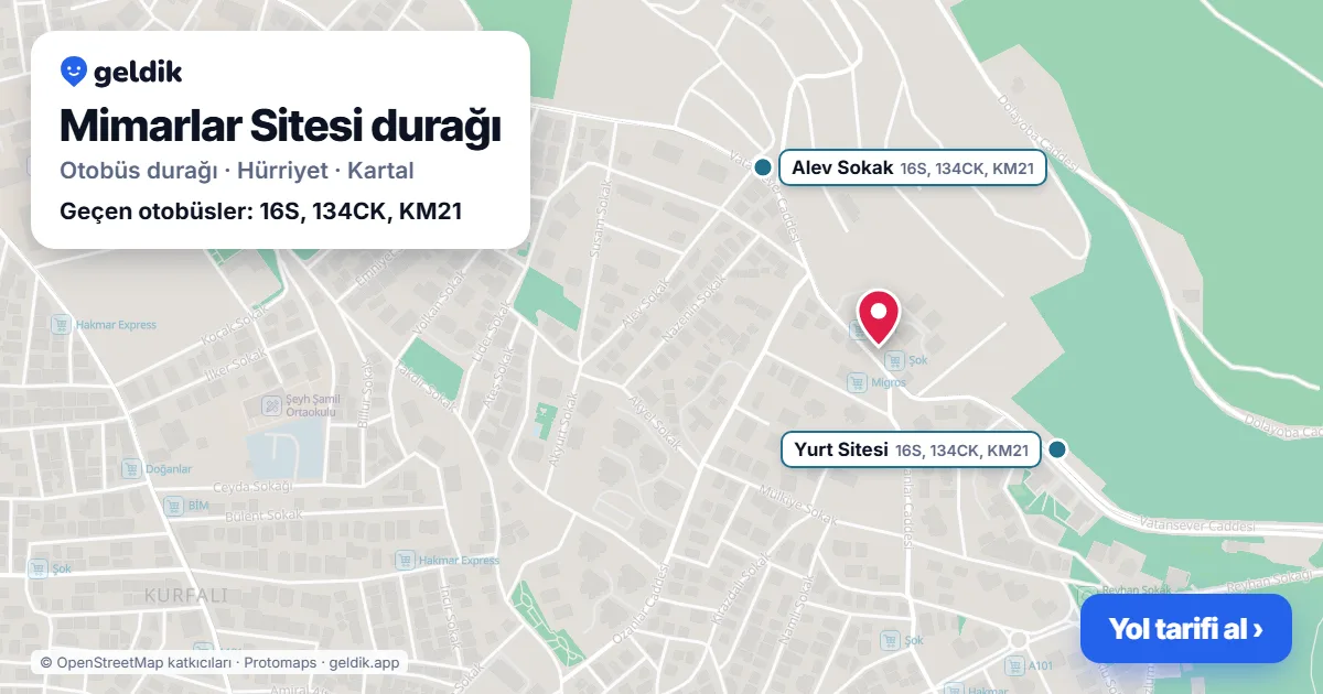 Mimarlar Sitesi otobüs durağı haritada: konumu ve yakındaki duraklar