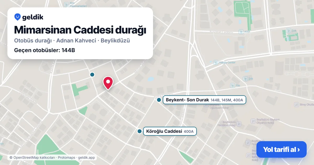 Mimarsinan Caddesi otobüs durağı haritada: konumu ve yakındaki duraklar