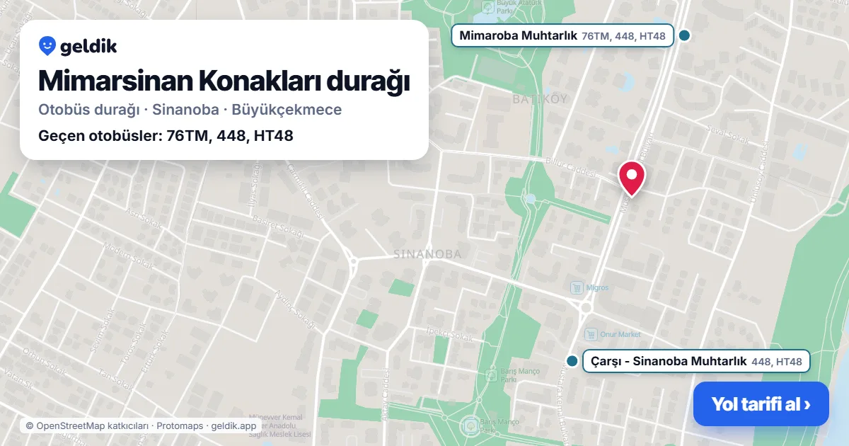 Mimarsinan Konakları otobüs durağı haritada: konumu ve yakındaki duraklar