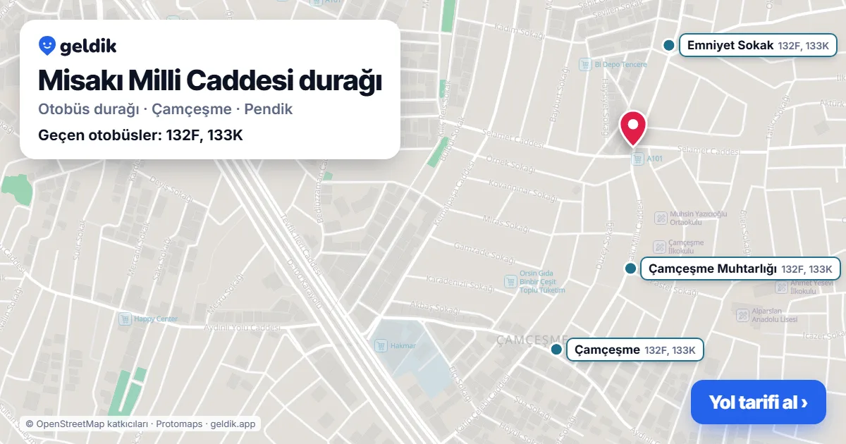 Misakı Milli Caddesi otobüs durağı haritada: konumu ve yakındaki duraklar