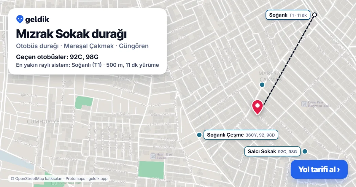 Mızrak Sokak otobüs durağı haritada: konumu ve yakındaki duraklar
