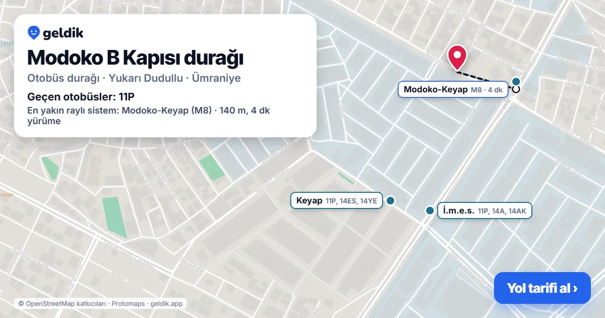 Modoko B Kapısı otobüs durağı haritada: konumu ve yakındaki duraklar