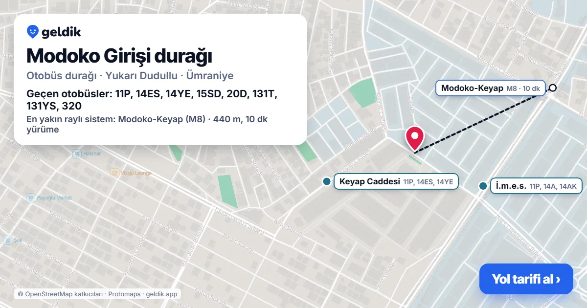 Modoko Girişi otobüs durağı haritada: konumu ve yakındaki duraklar