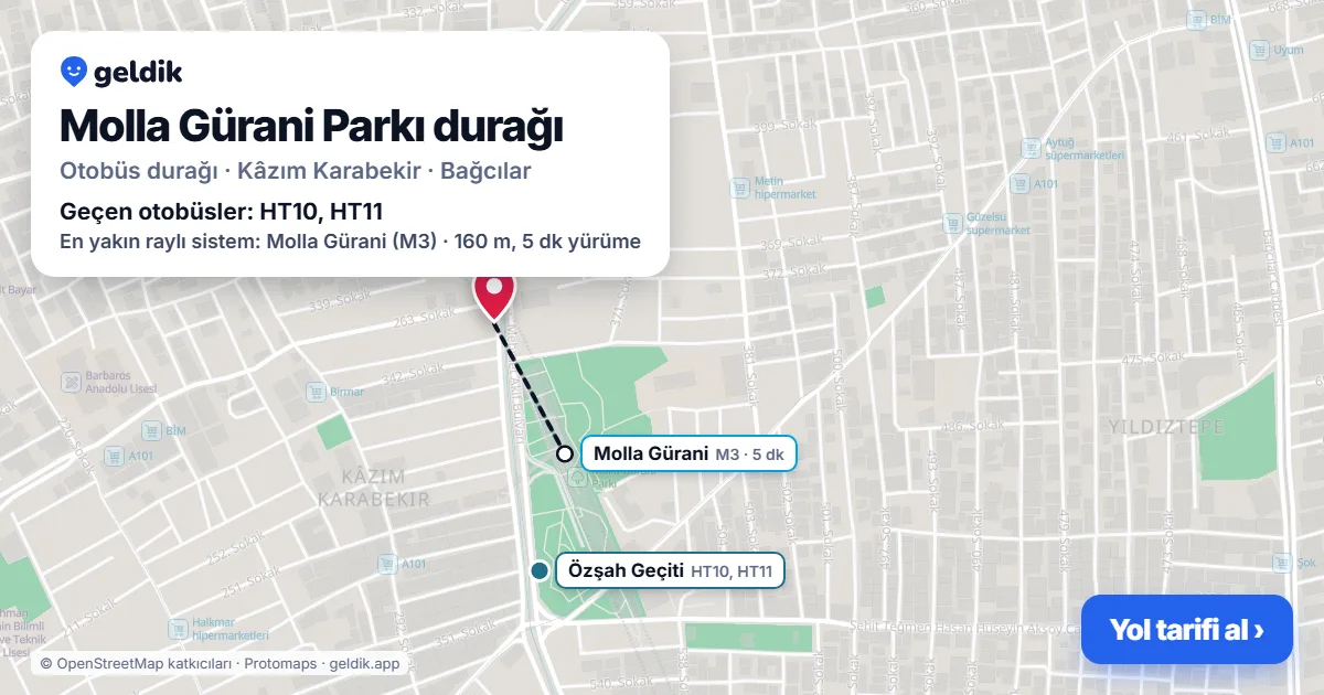 Molla Gürani Parkı otobüs durağı haritada: konumu ve yakındaki duraklar