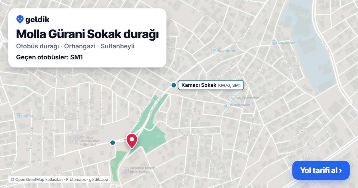 Molla Gürani Sokak otobüs durağı haritada: konumu ve yakındaki duraklar