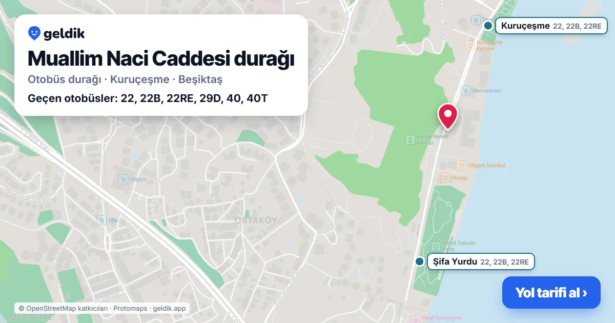 Muallim Naci Caddesi otobüs durağı haritada: konumu ve yakındaki duraklar