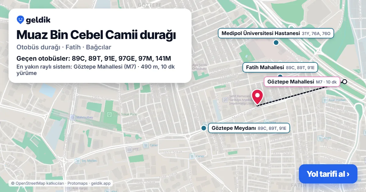 Muaz Bin Cebel Camii otobüs durağı haritada: konumu ve yakındaki duraklar