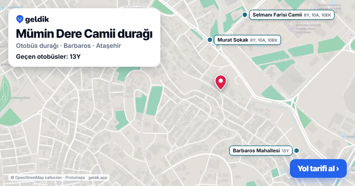 Mümin Dere Camii otobüs durağı haritada: konumu ve yakındaki duraklar