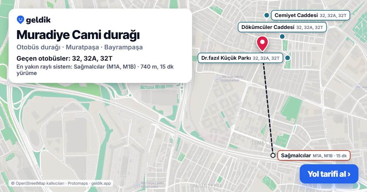 Muradiye Cami otobüs durağı haritada: konumu ve yakındaki duraklar