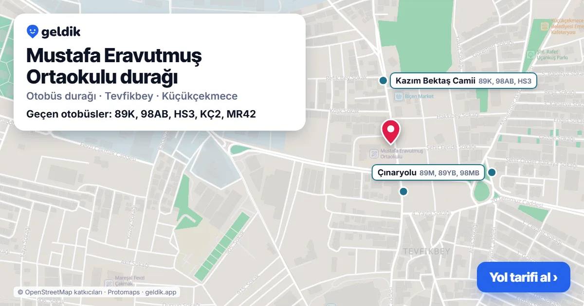Mustafa Eravutmuş Ortaokulu otobüs durağı haritada: konumu ve yakındaki duraklar