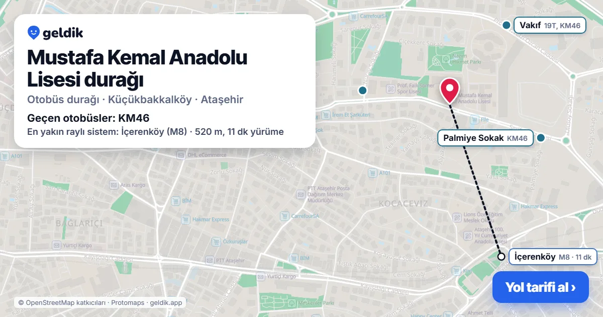 Mustafa Kemal Anadolu Lisesi otobüs durağı haritada: konumu ve yakındaki duraklar