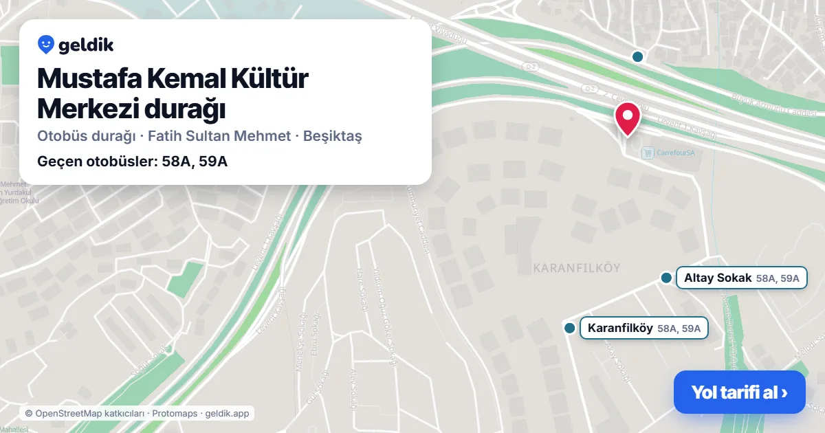 Mustafa Kemal Kültür Merkezi otobüs durağı haritada: konumu ve yakındaki duraklar