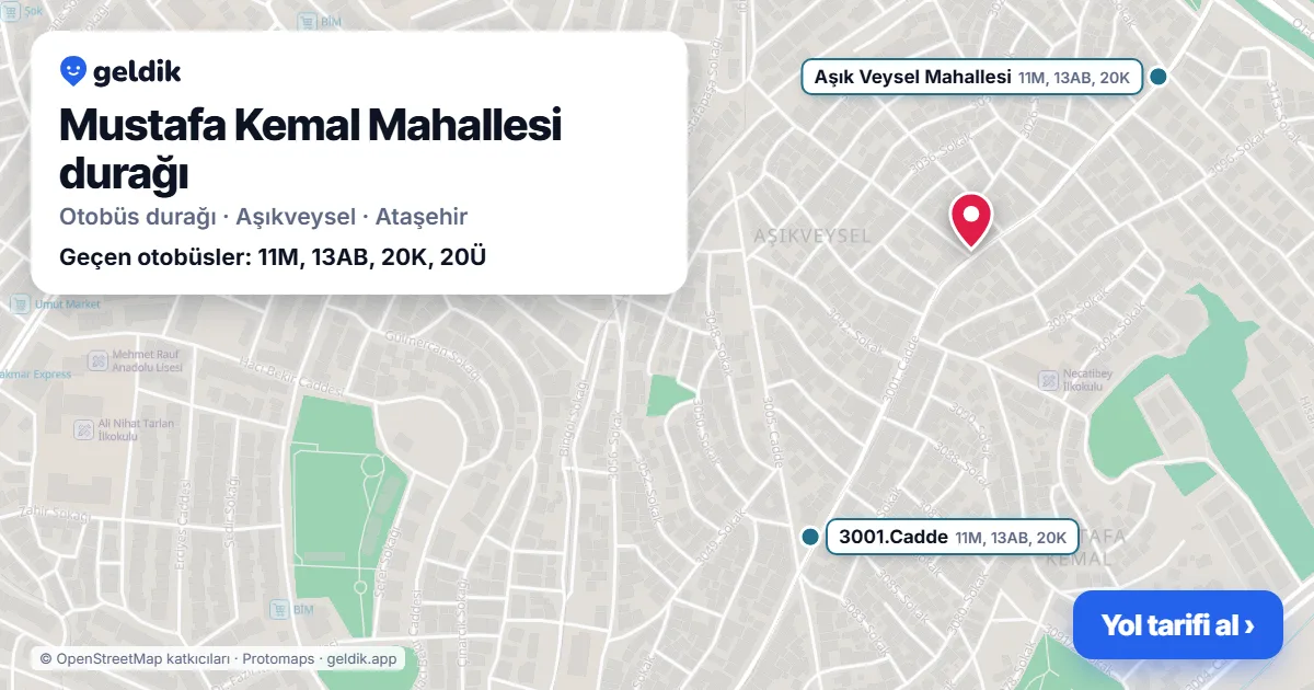 Mustafa Kemal Mahallesi otobüs durağı haritada: konumu ve yakındaki duraklar