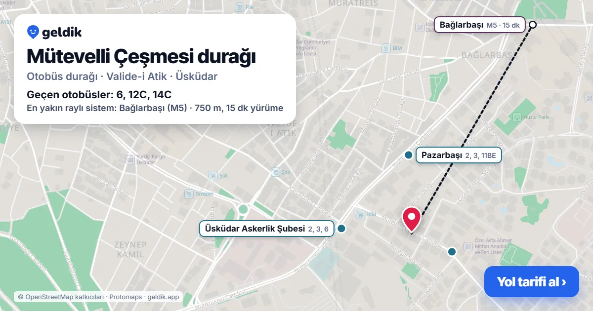 Mütevelli Çeşmesi otobüs durağı haritada: konumu ve yakındaki duraklar