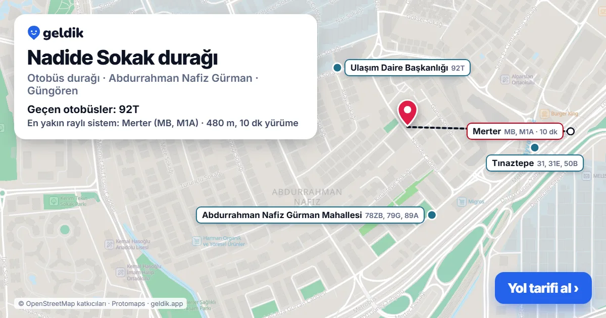 Nadide Sokak otobüs durağı haritada: konumu ve yakındaki duraklar